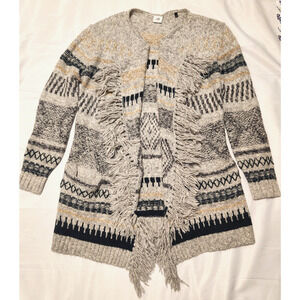 CABI Shetland Gray Green Geometric Fringe Hem Open Knit Cardigan Size Small